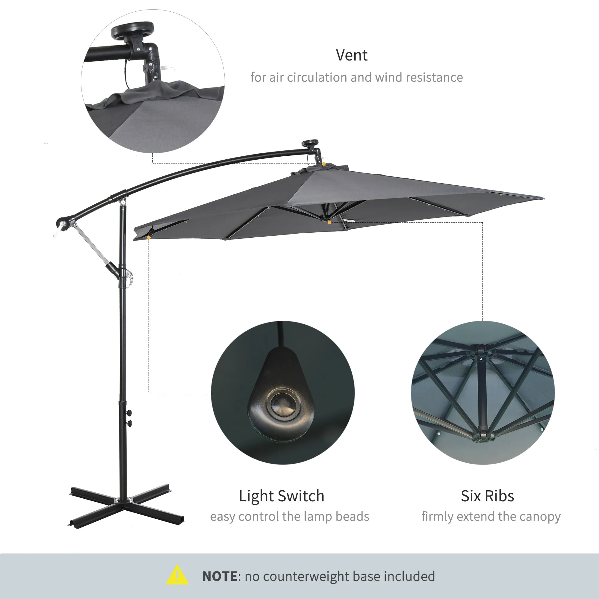 10 ft. Cantilever Outdoor Patio Umbrella with Solar Lights - Dark Grey