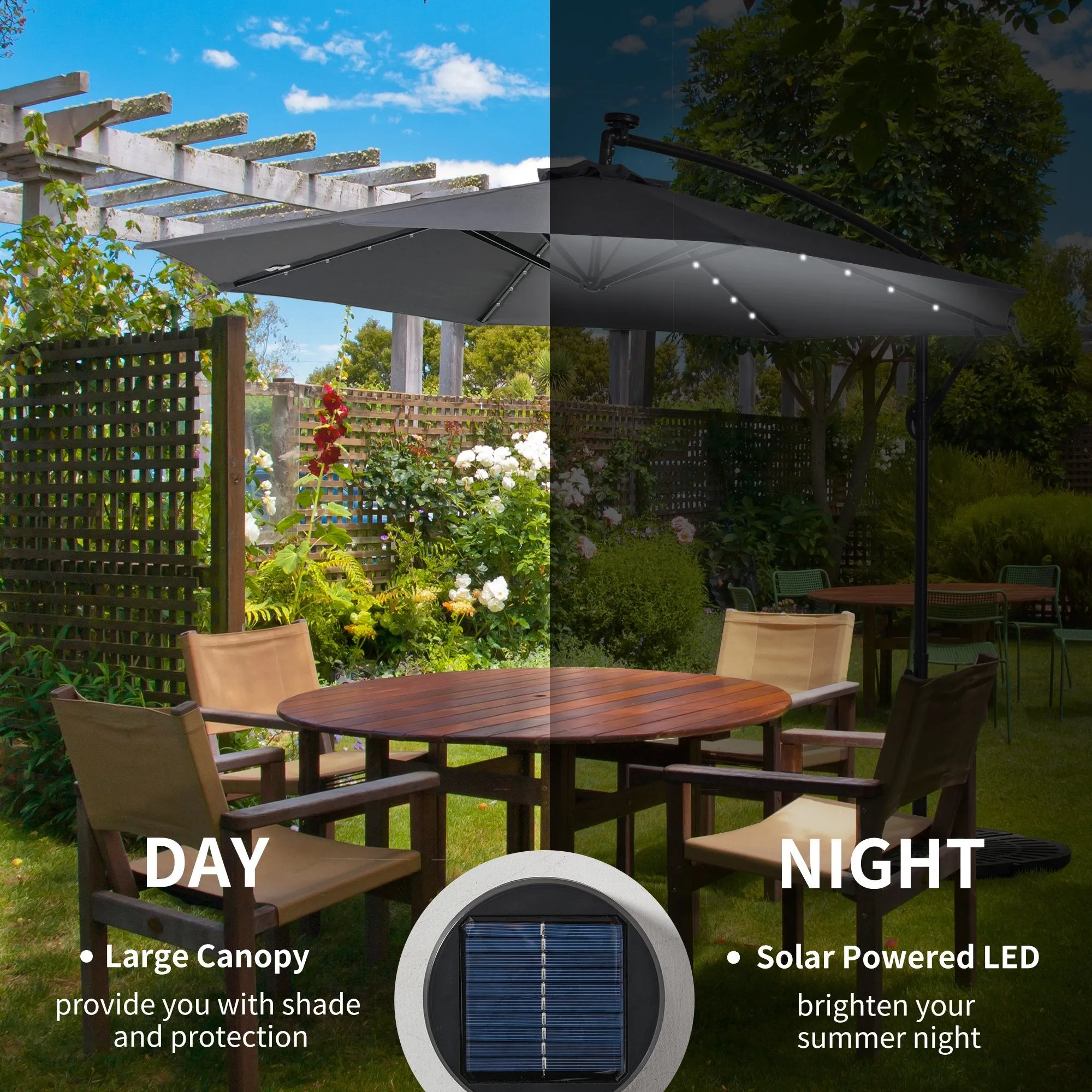 10 ft. Cantilever Outdoor Patio Umbrella with Solar Lights - Dark Grey