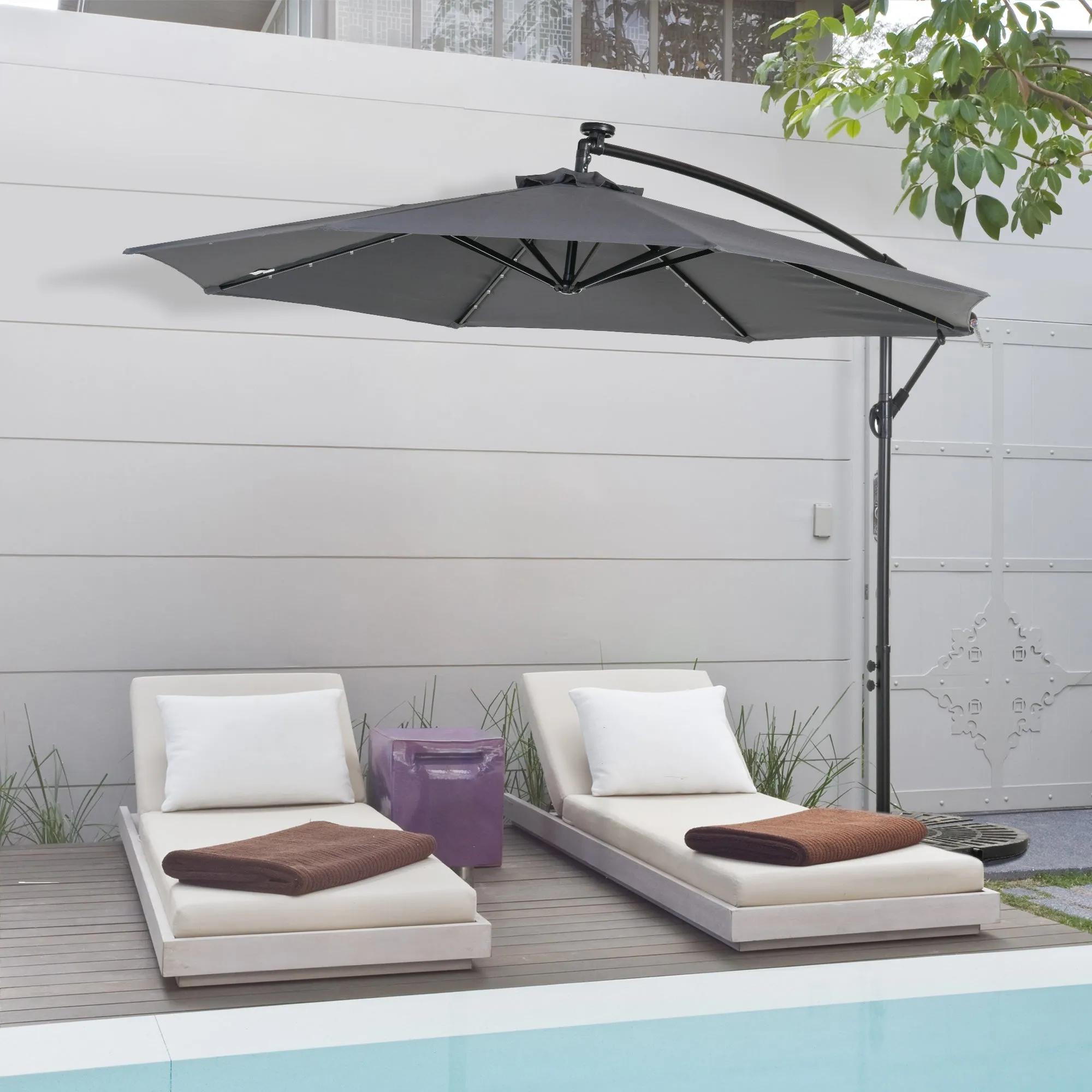 10 ft. Cantilever Outdoor Patio Umbrella with Solar Lights - Dark Grey