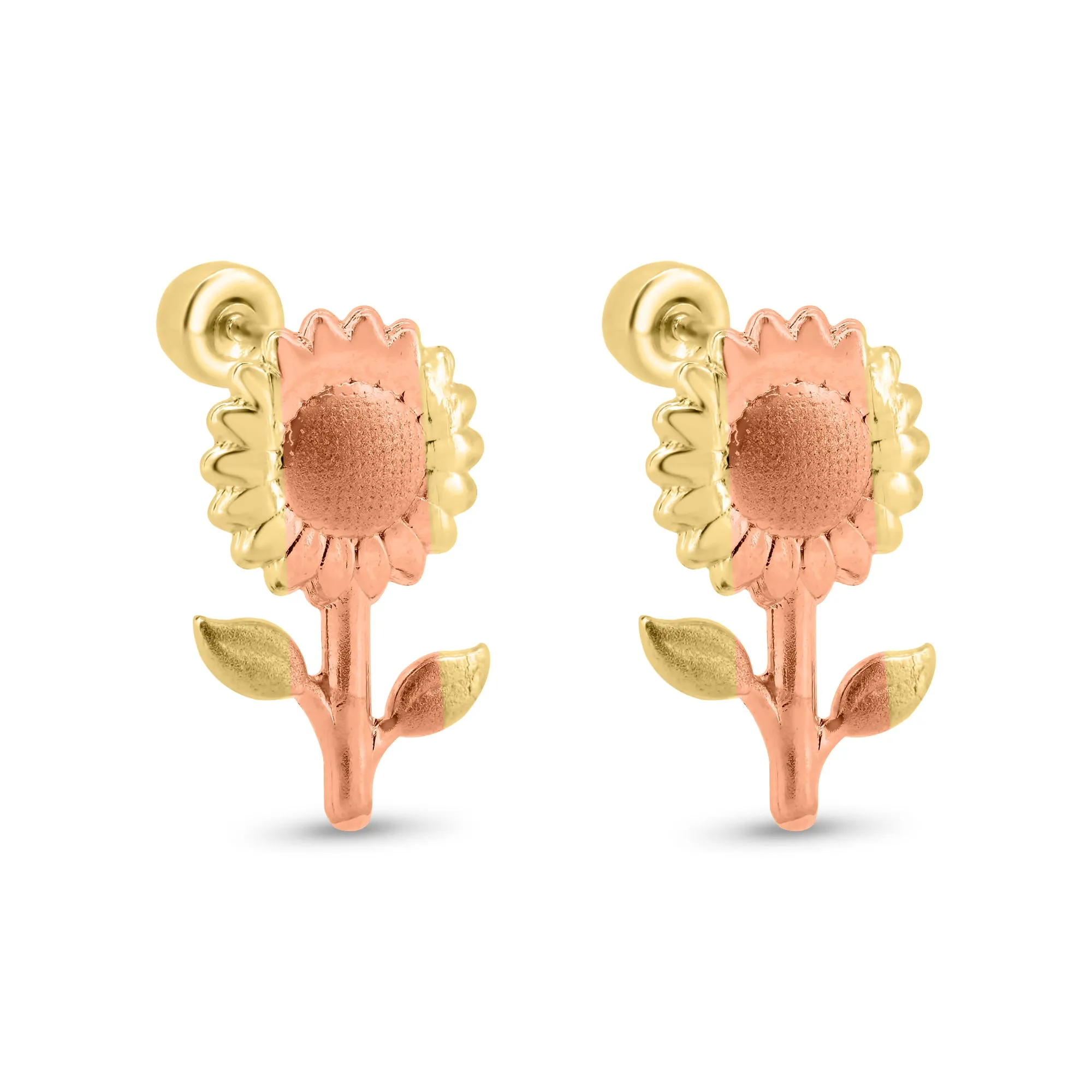 14E00392. - 14 Karat Yellow Gold Two Tone Sunflower Screw Back Earrings