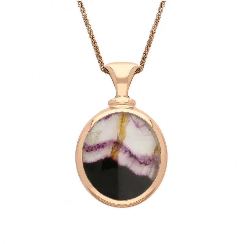 18ct Rose Gold Blue John White Mother Of Pearl Small Double Sided Oval Fob Necklace