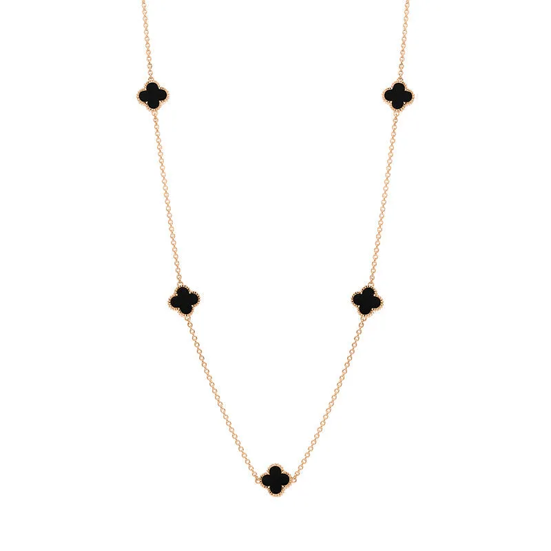 18ct Rose Gold Whitby Jet Bloom Four Leaf Clover Ball Edge Necklace