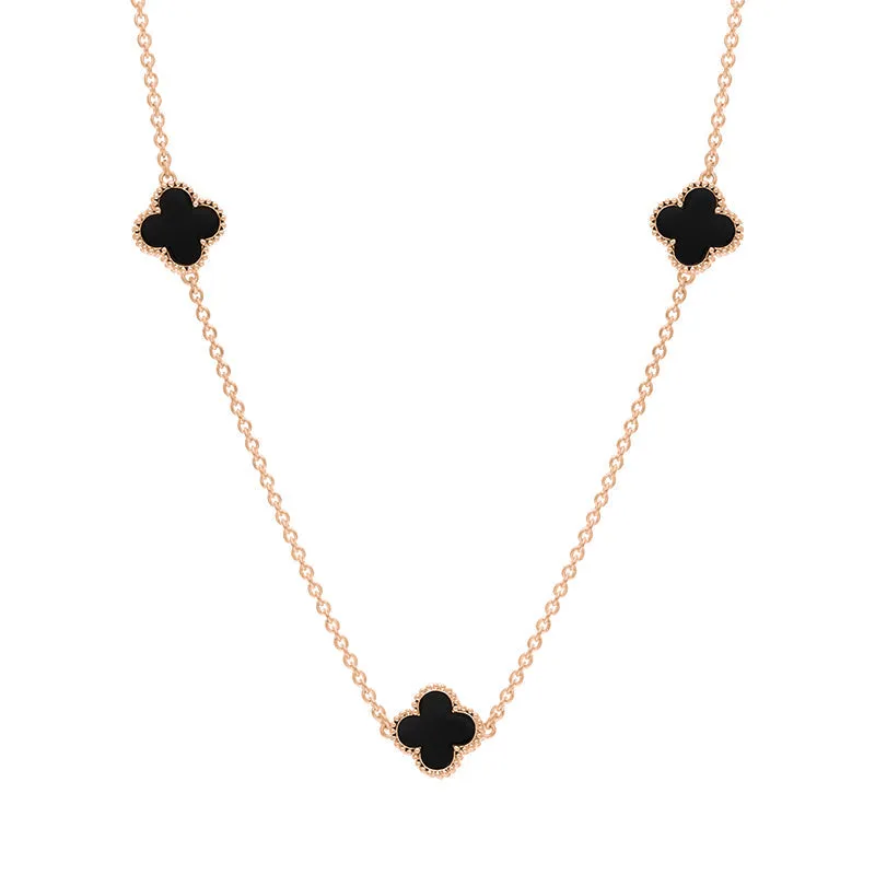 18ct Rose Gold Whitby Jet Bloom Four Leaf Clover Ball Edge Necklace