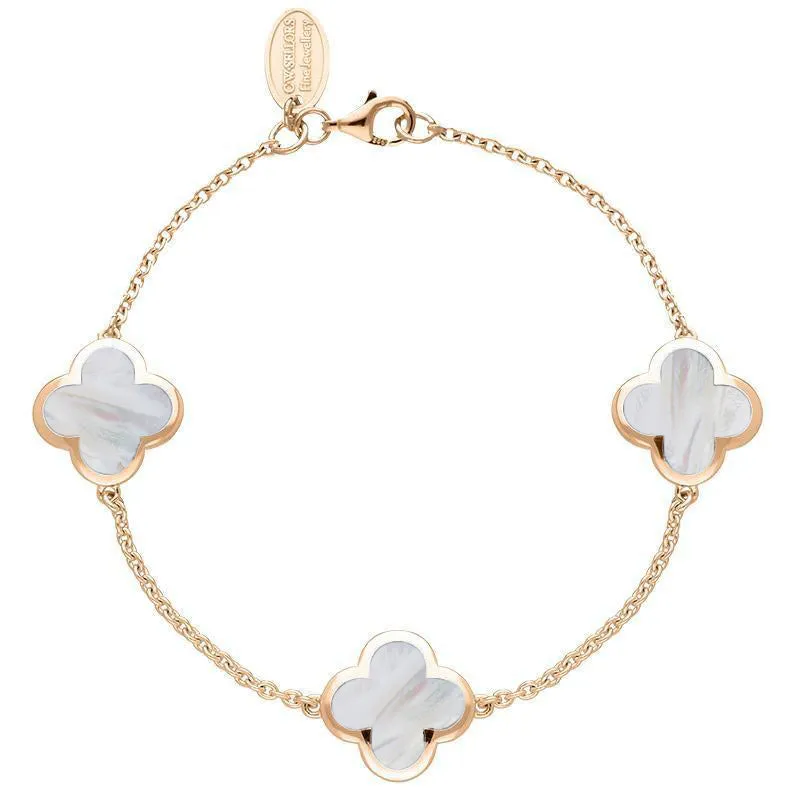 18ct Rose Gold White Mother of Pearl  Bloom Four Leaf Clover Chain Bracelet