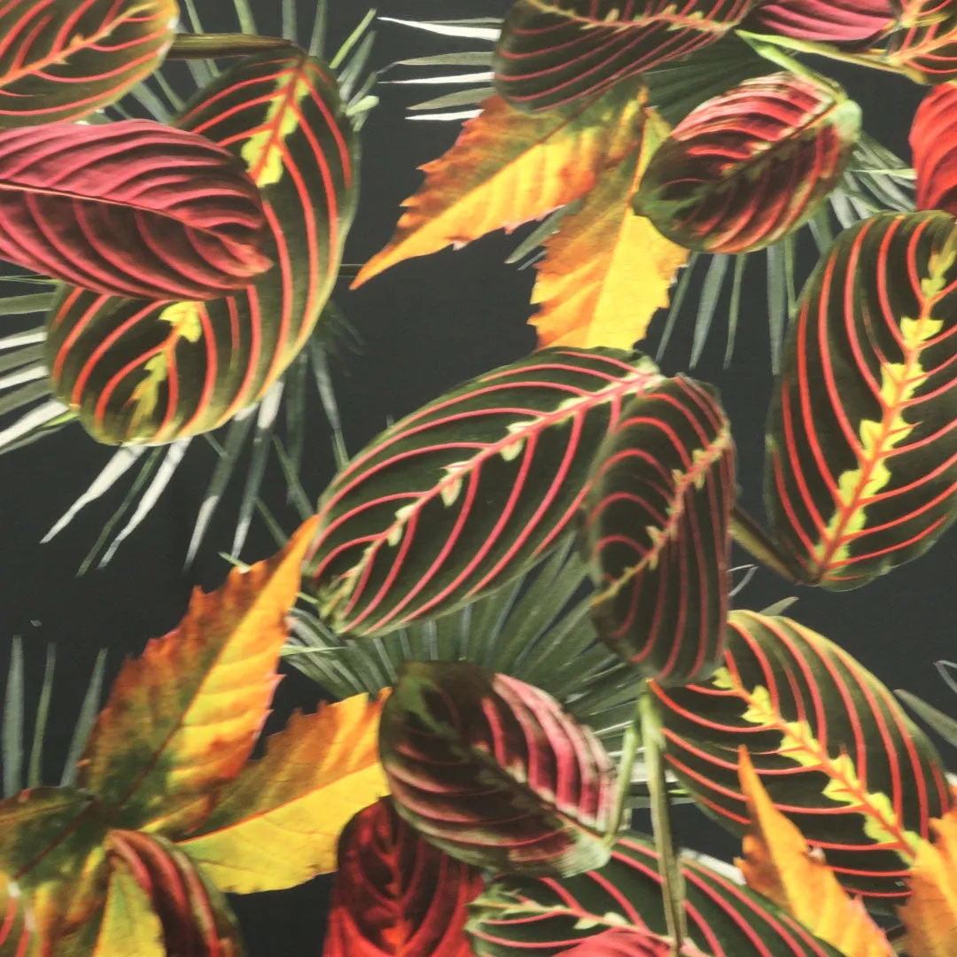 Black Background with Yellow, Red and Green Leaves Printed Fabric