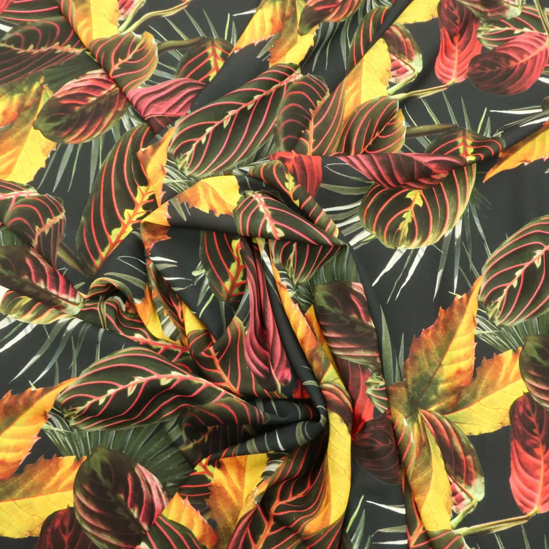 Black Background with Yellow, Red and Green Leaves Printed Fabric