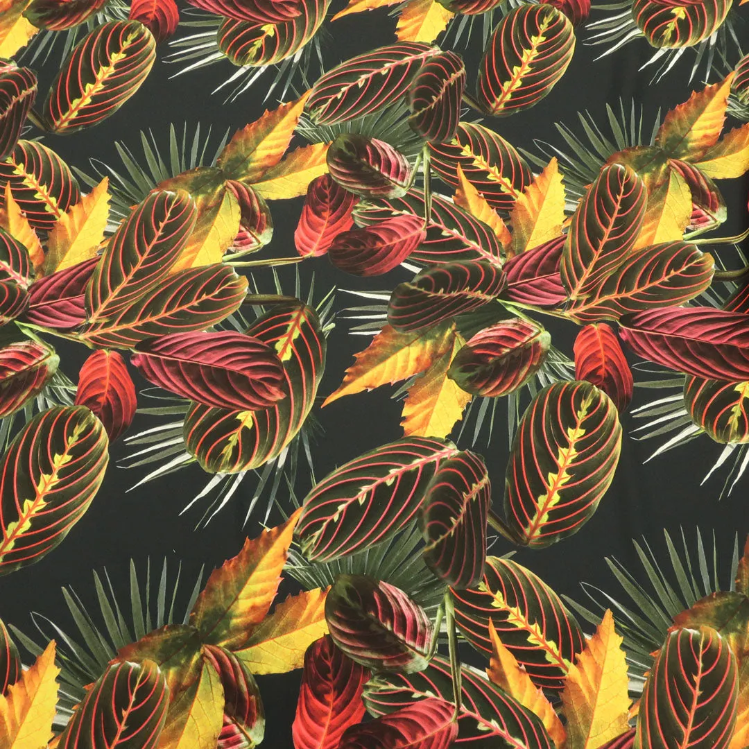 Black Background with Yellow, Red and Green Leaves Printed Fabric