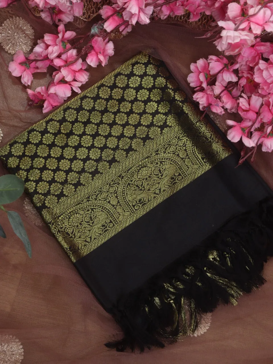 Black Handloom Kanjeevaram Pure Silk Dupatta