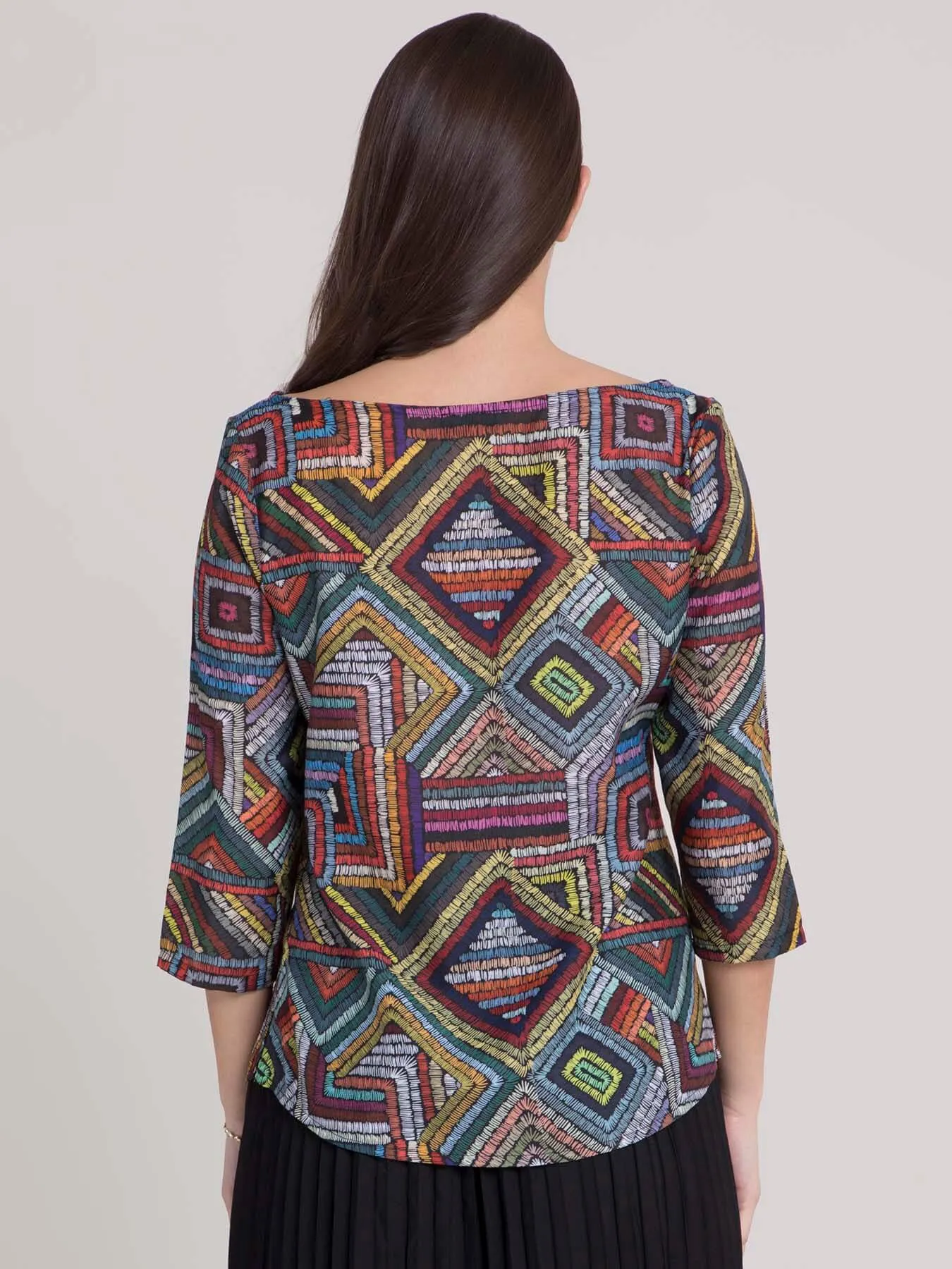 Boat Neck Geometric Print Top - Multicolour