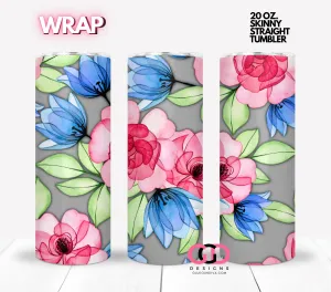 Bright Flowers on Grey -  Digital tumbler wrap for 20 oz skinny straight tumbler