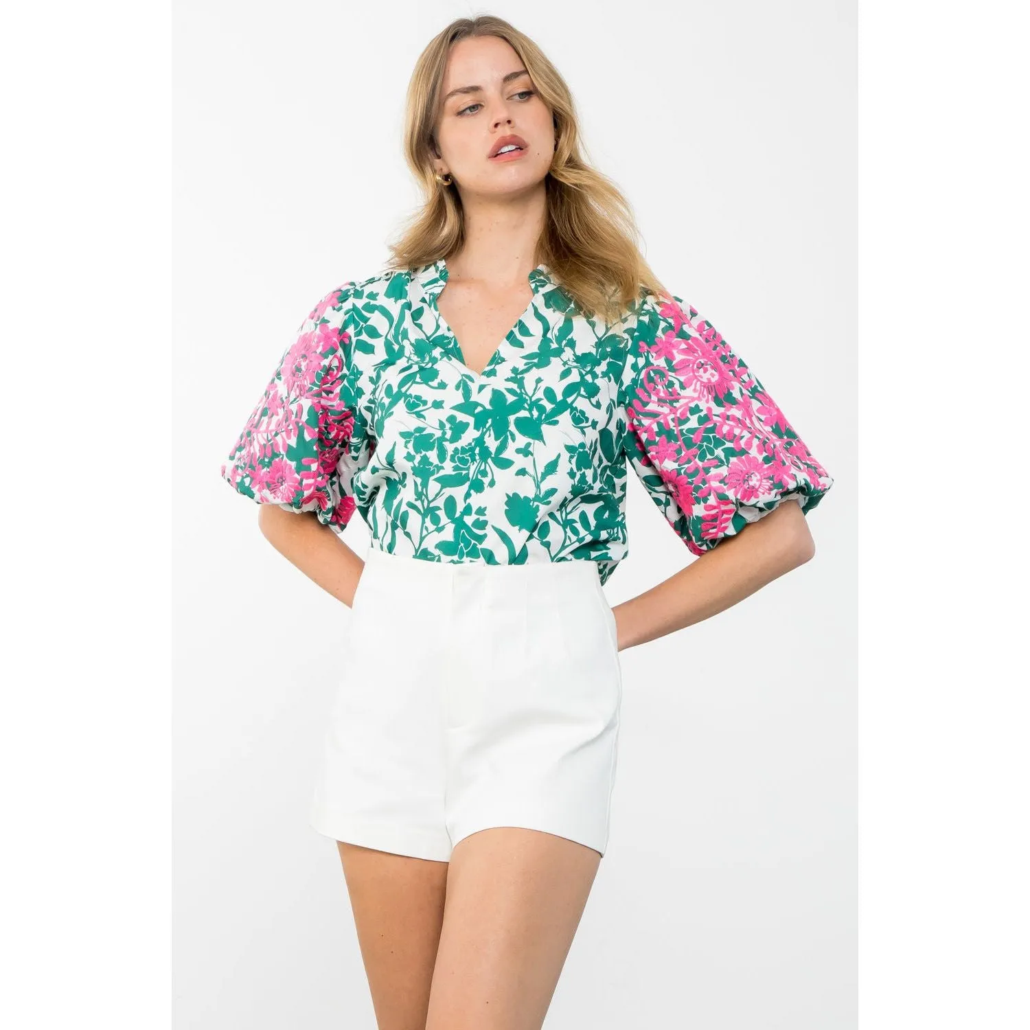 Deidra Embroidered Puff Sleeve Print THML Top SALE