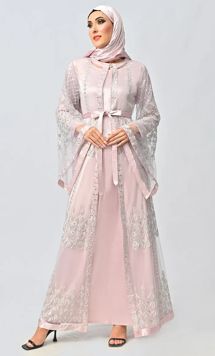 Fancy All Over Aari And Hand Work Embellished Abaya Designer Dress With Matching Hijab And Inner