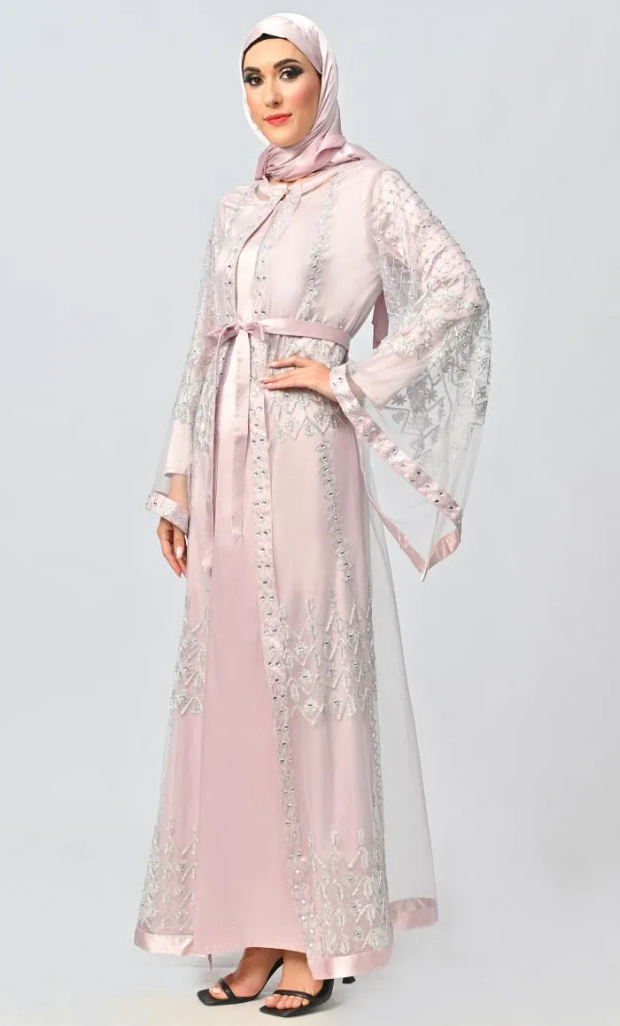 Fancy All Over Aari And Hand Work Embellished Abaya Designer Dress With Matching Hijab And Inner