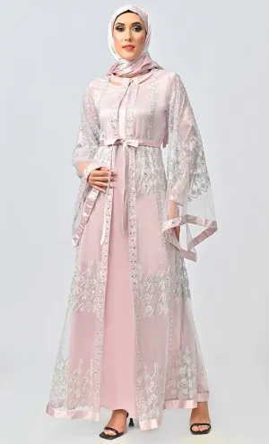 Fancy All Over Aari And Hand Work Embellished Abaya Designer Dress With Matching Hijab And Inner