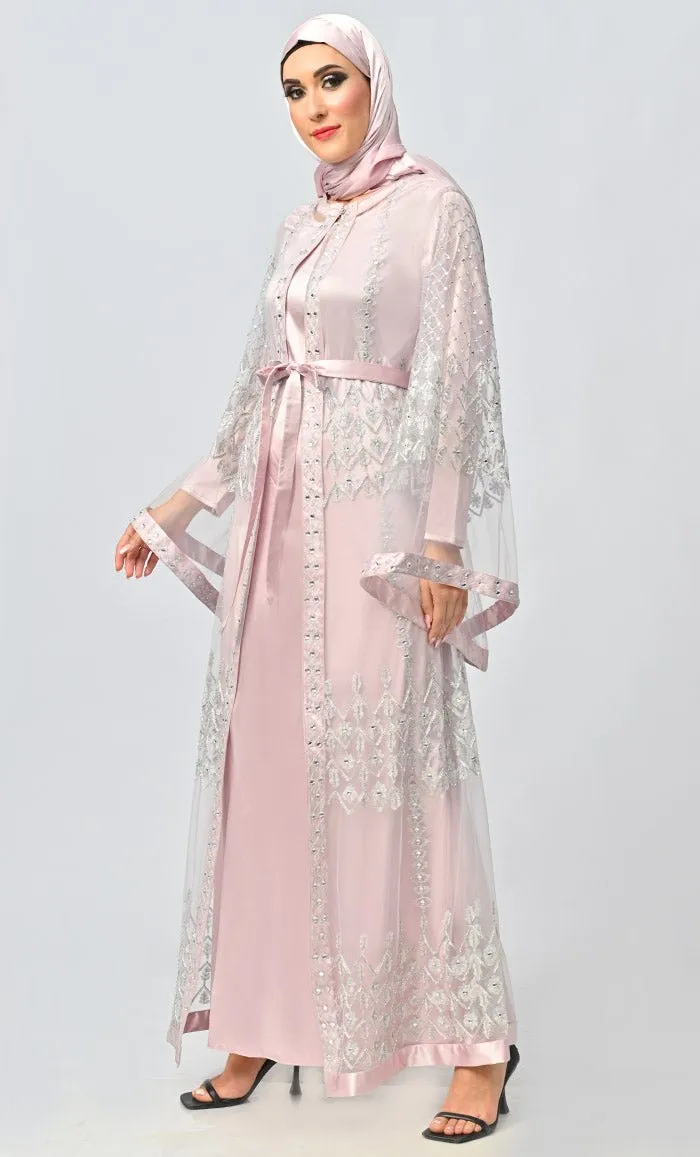 Fancy All Over Aari And Hand Work Embellished Abaya Designer Dress With Matching Hijab And Inner