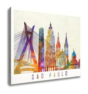 Gallery Wrapped Canvas, Sao Paulo Landmarks In Artistic Watercolor Poster