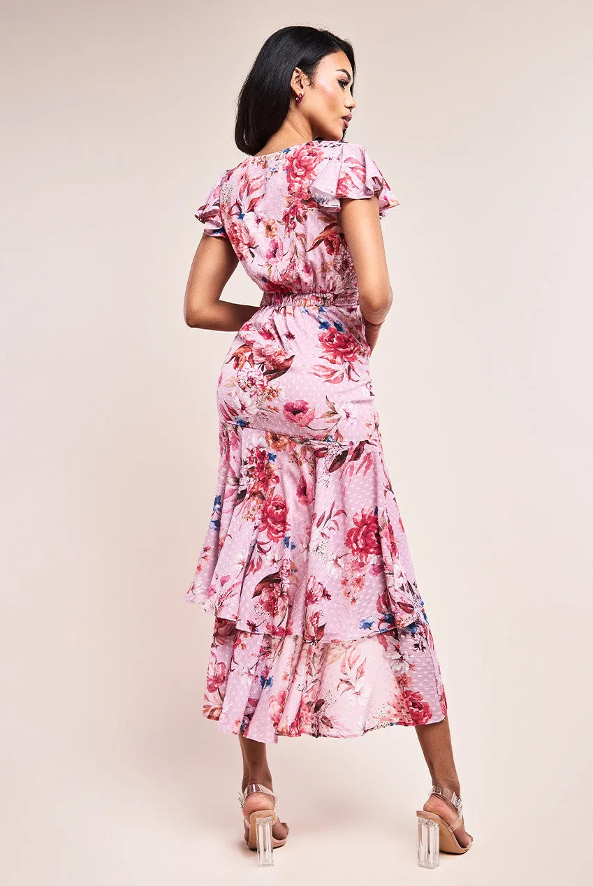 Goddiva Printed Wrap High And Low Tier Dress