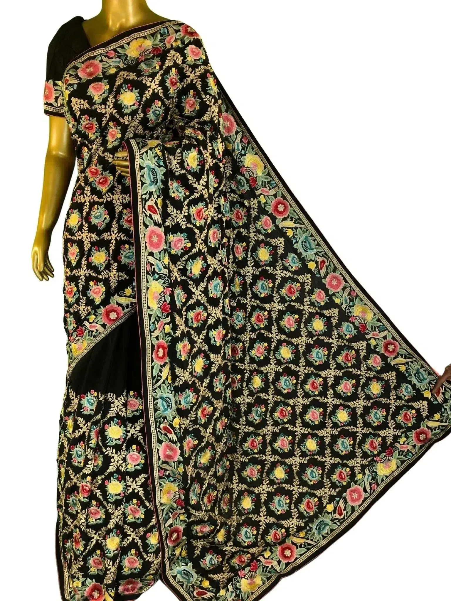 Onyx Black Color Crepe Silk Saree with Parsi Gara Embroidery