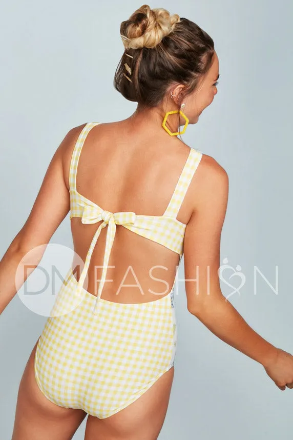 Scoop Neck Back Tie One Piece - Victorian Garden Gingham - FINAL SALE