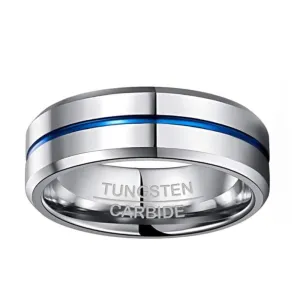 Silver Tungsten with Central Blue Inlay Wedding Ring (8mm)