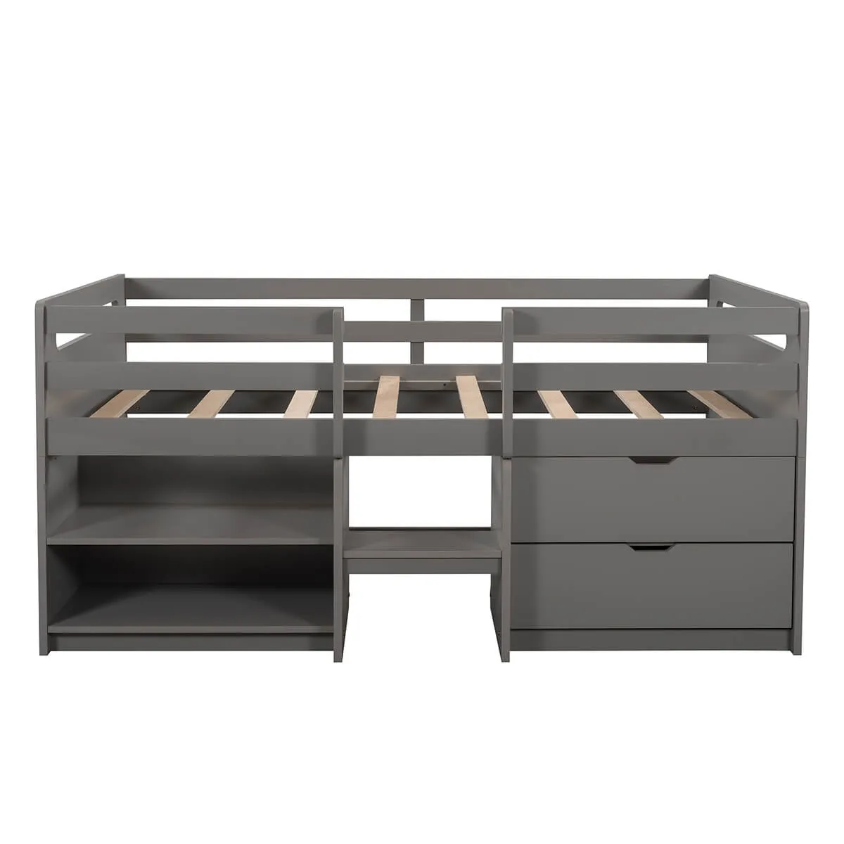 Twin Size Loft Bed with Two Shelves and Two Drawers, Gray