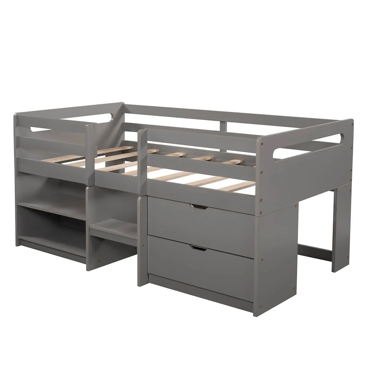 Twin Size Loft Bed with Two Shelves and Two Drawers, Gray