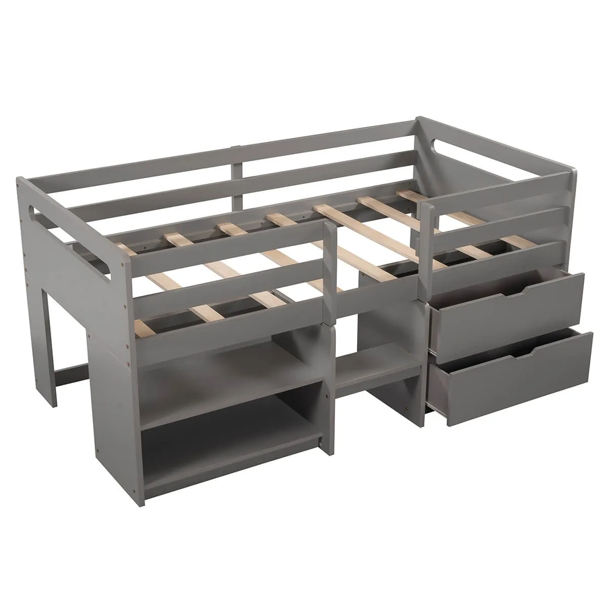 Twin Size Loft Bed with Two Shelves and Two Drawers, Gray