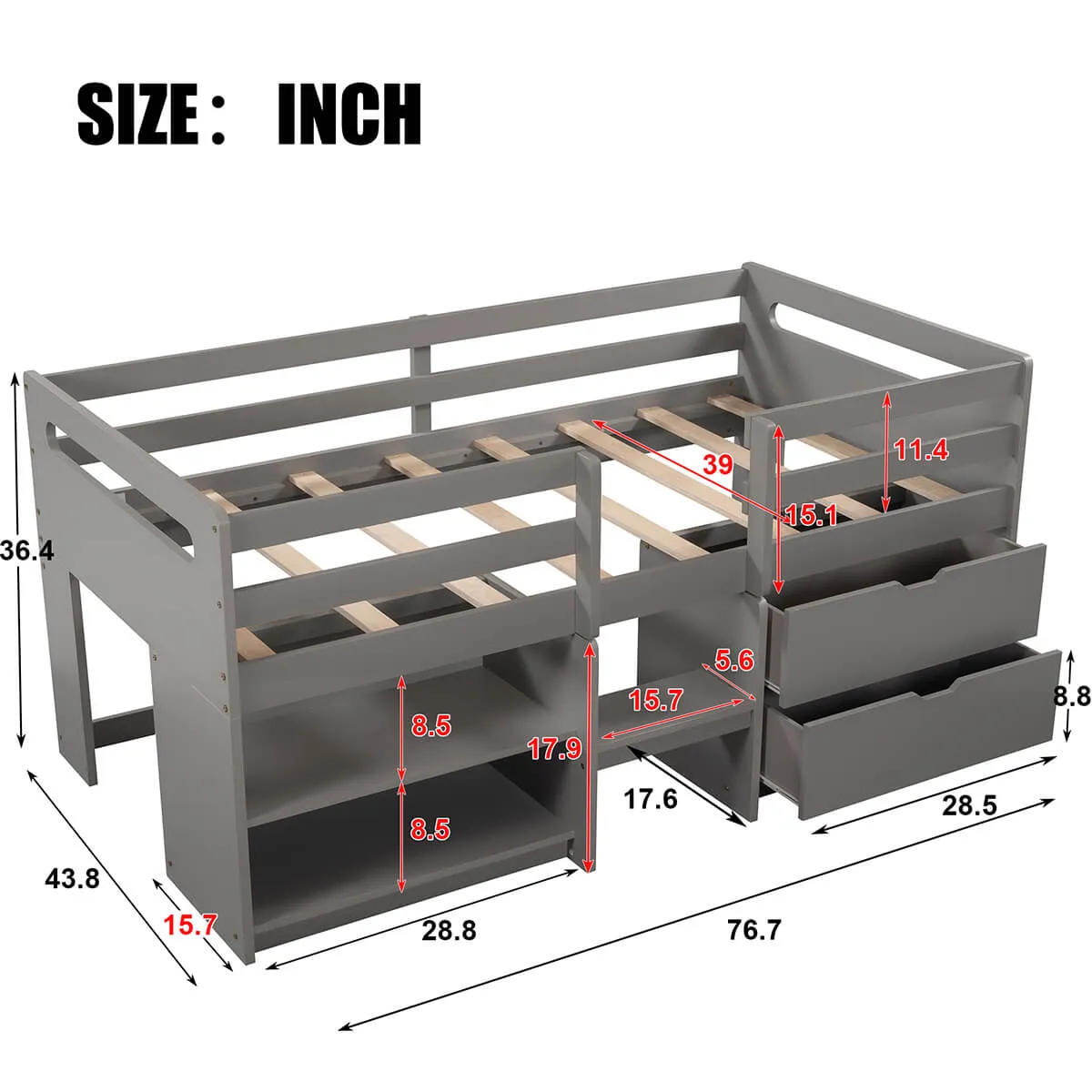 Twin Size Loft Bed with Two Shelves and Two Drawers, Gray