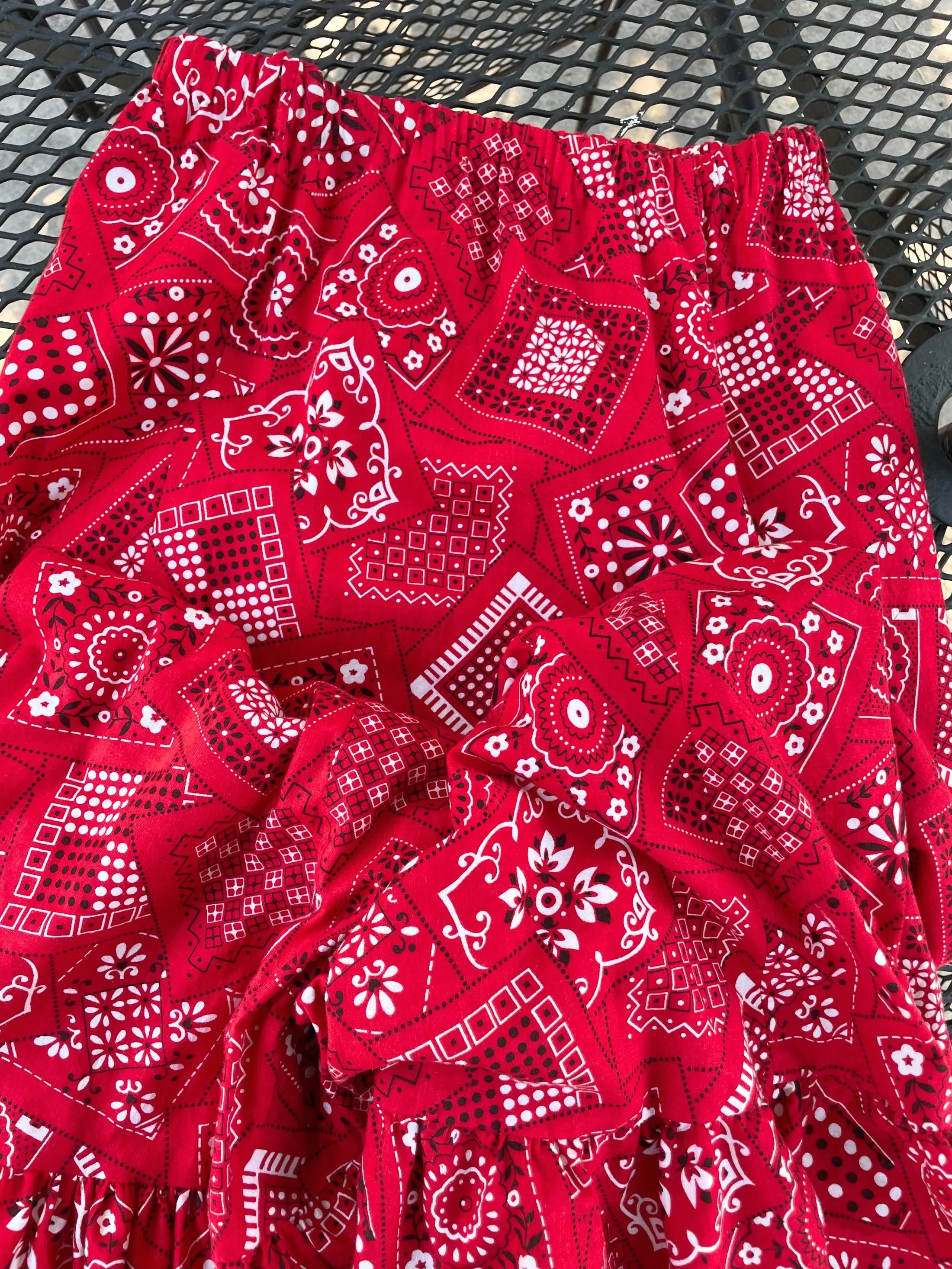 Vintage 60s Bandana Print Maxi Skirt, Red/Black/White Ruffle Hem Festival Skirt S/M