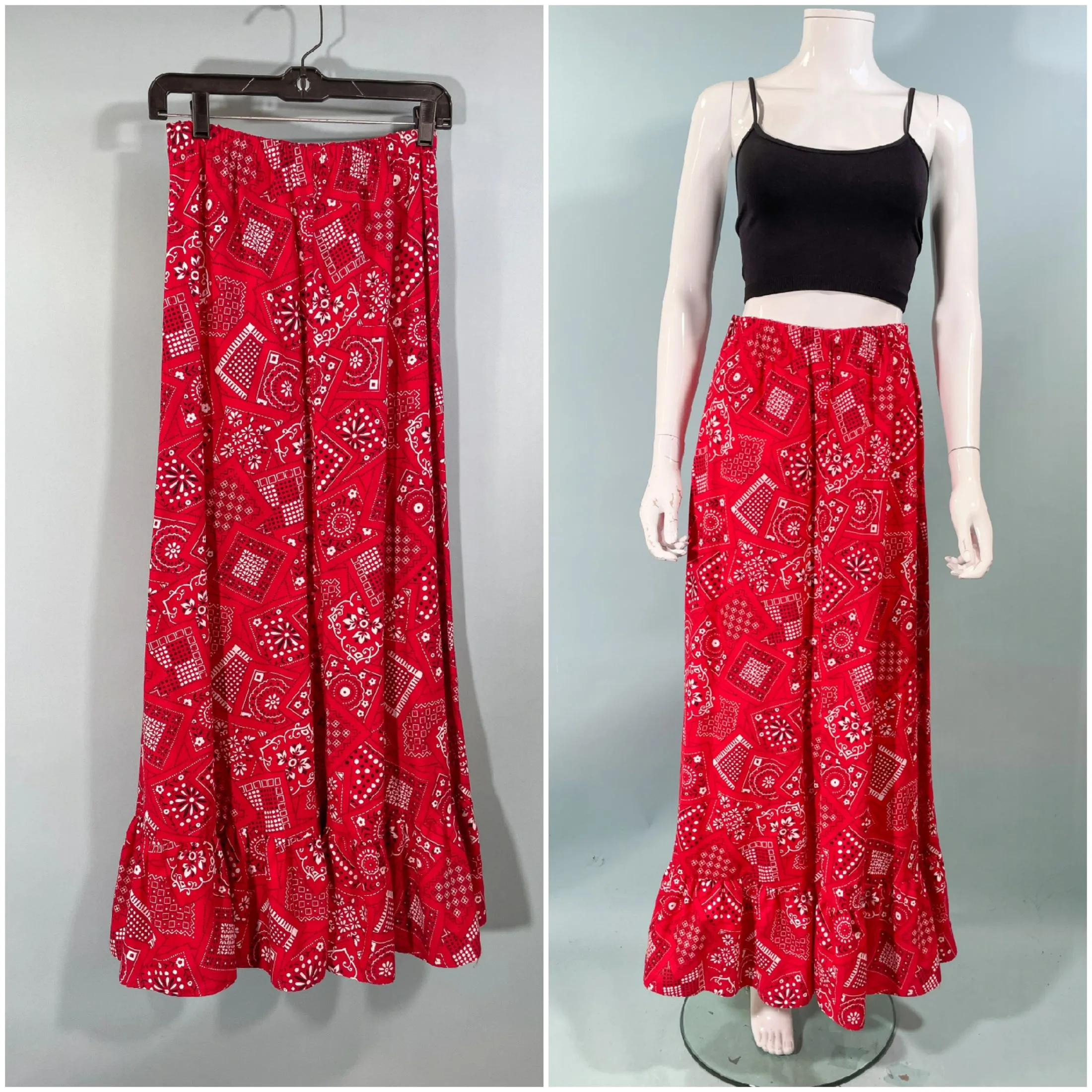 Vintage 60s Bandana Print Maxi Skirt, Red/Black/White Ruffle Hem Festival Skirt S/M