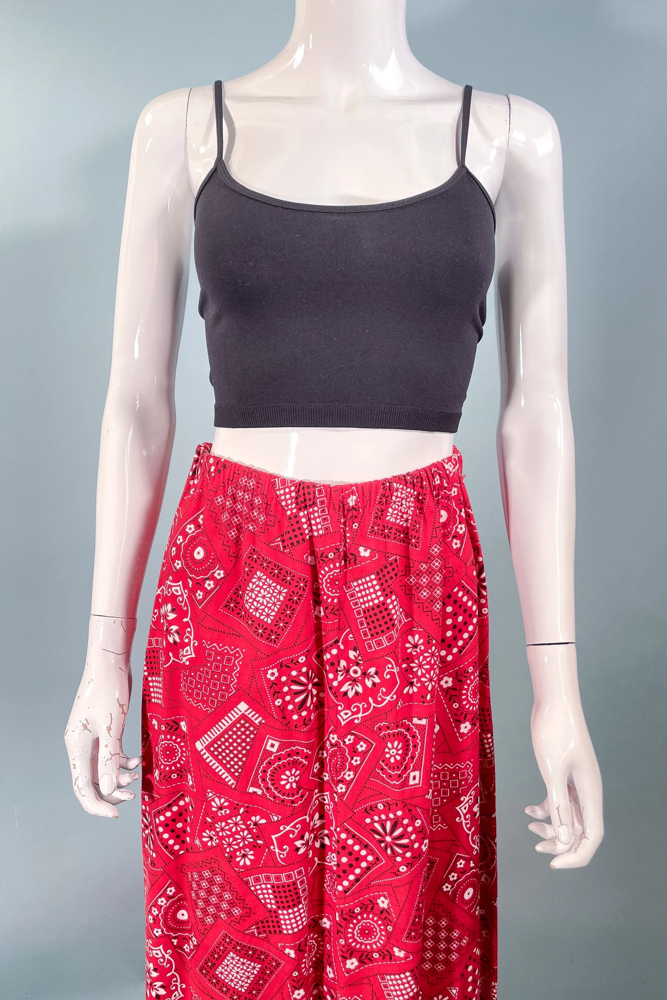 Vintage 60s Bandana Print Maxi Skirt, Red/Black/White Ruffle Hem Festival Skirt S/M