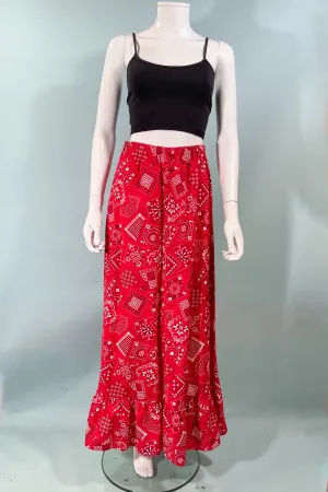 Vintage 60s Bandana Print Maxi Skirt, Red/Black/White Ruffle Hem Festival Skirt S/M