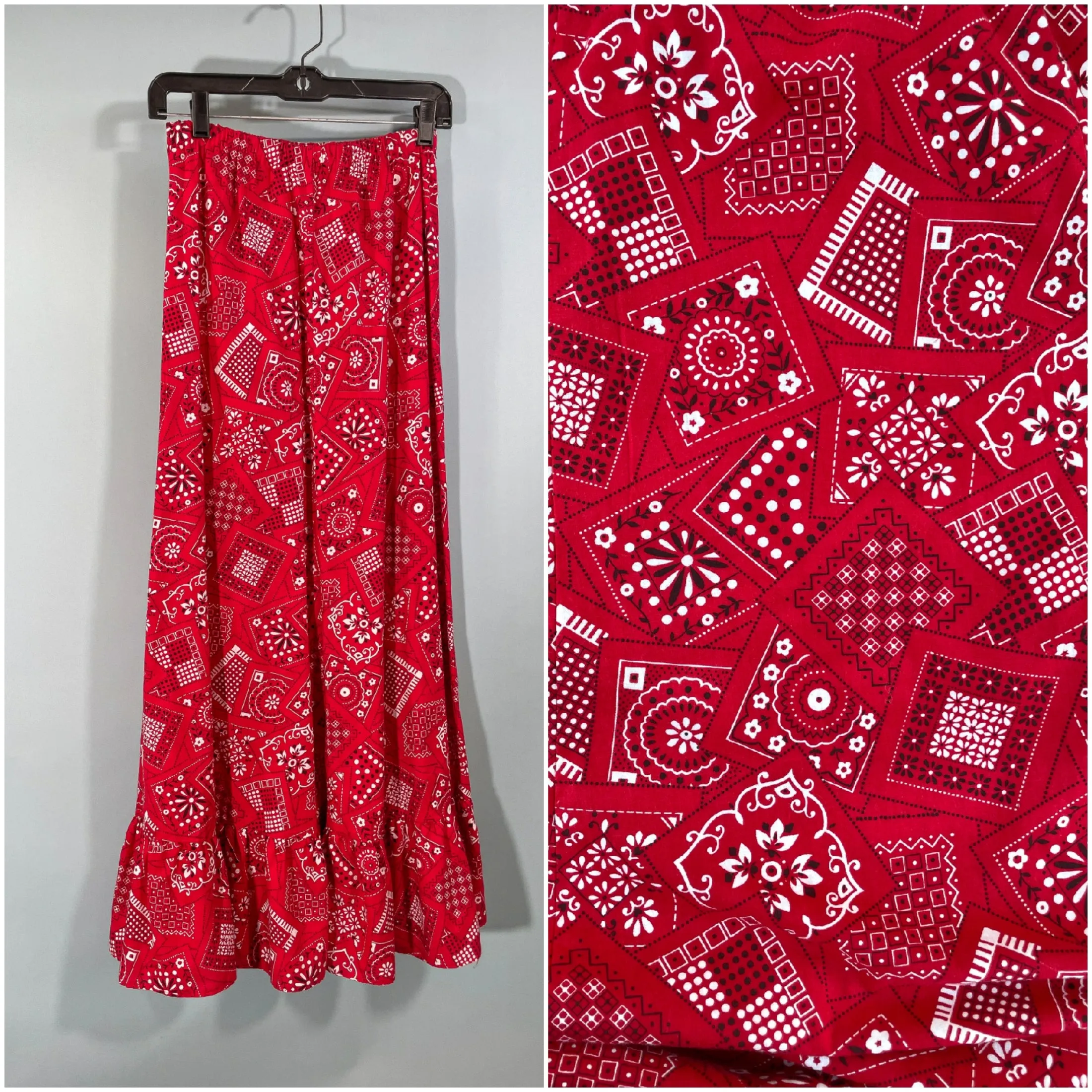 Vintage 60s Bandana Print Maxi Skirt, Red/Black/White Ruffle Hem Festival Skirt S/M