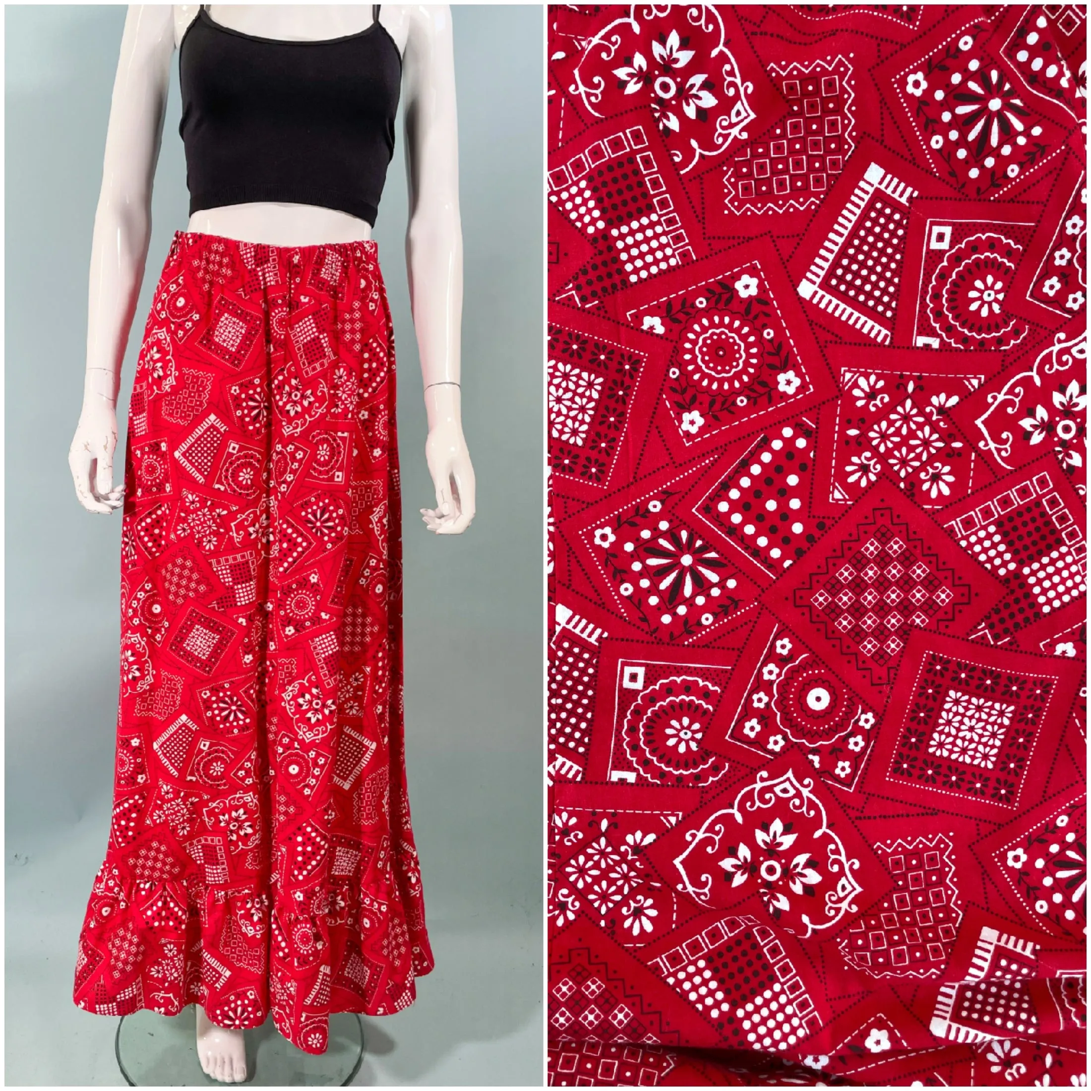 Vintage 60s Bandana Print Maxi Skirt, Red/Black/White Ruffle Hem Festival Skirt S/M