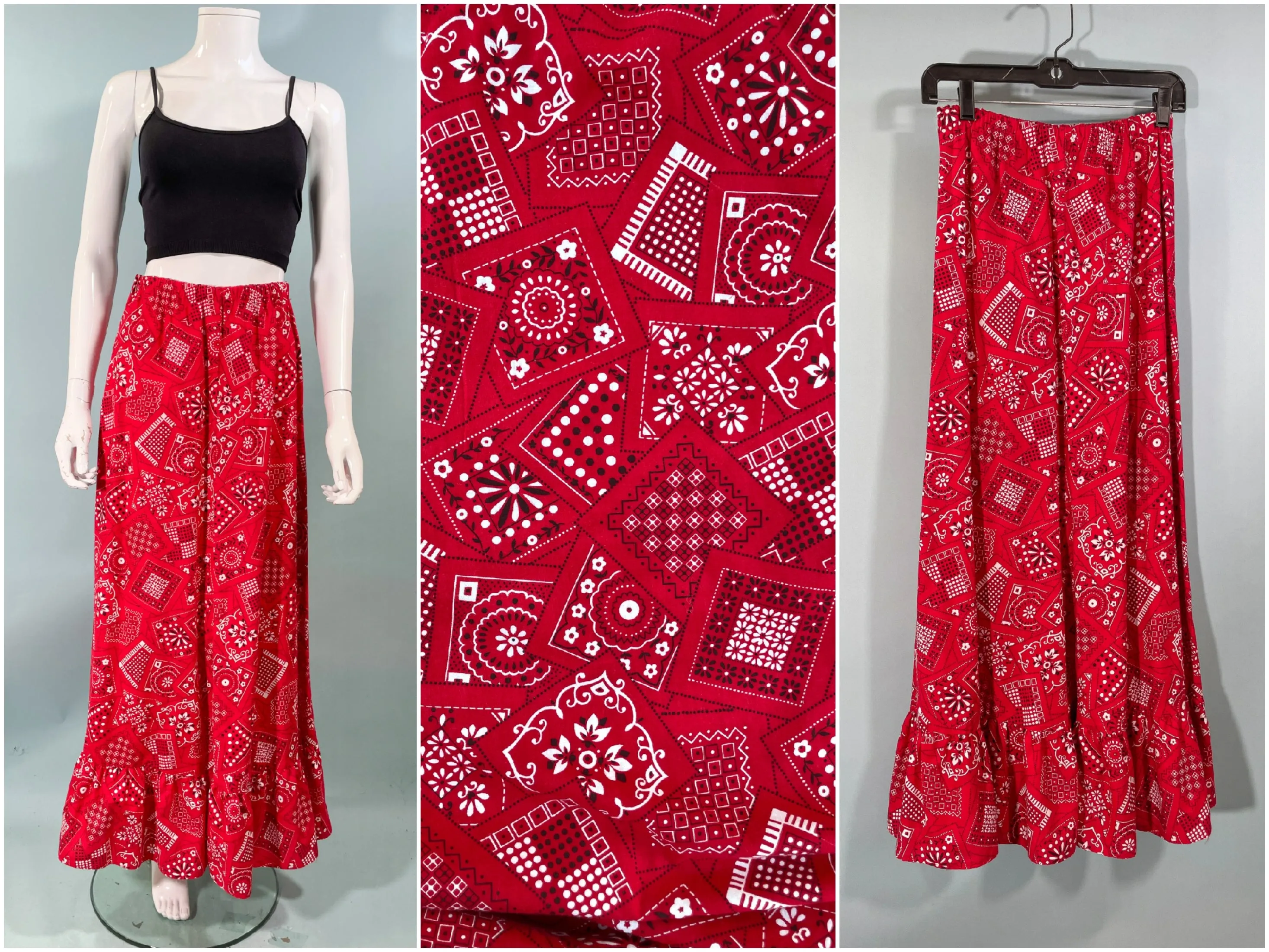 Vintage 60s Bandana Print Maxi Skirt, Red/Black/White Ruffle Hem Festival Skirt S/M