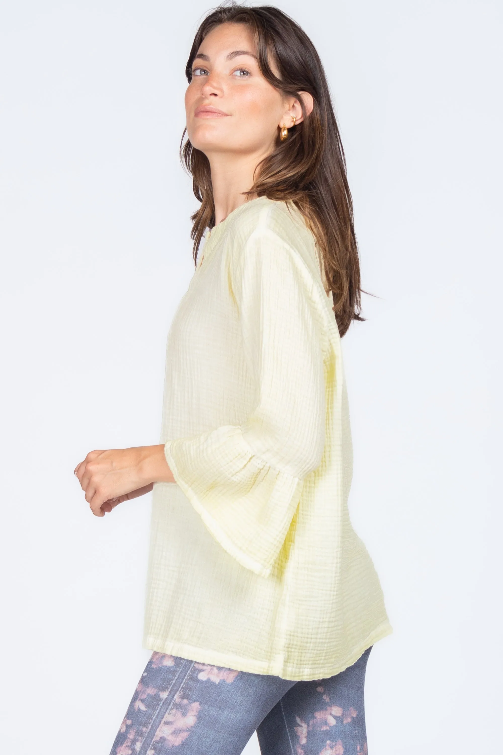 Wide Placket Split Collar Tunic with Flutter Sleeves