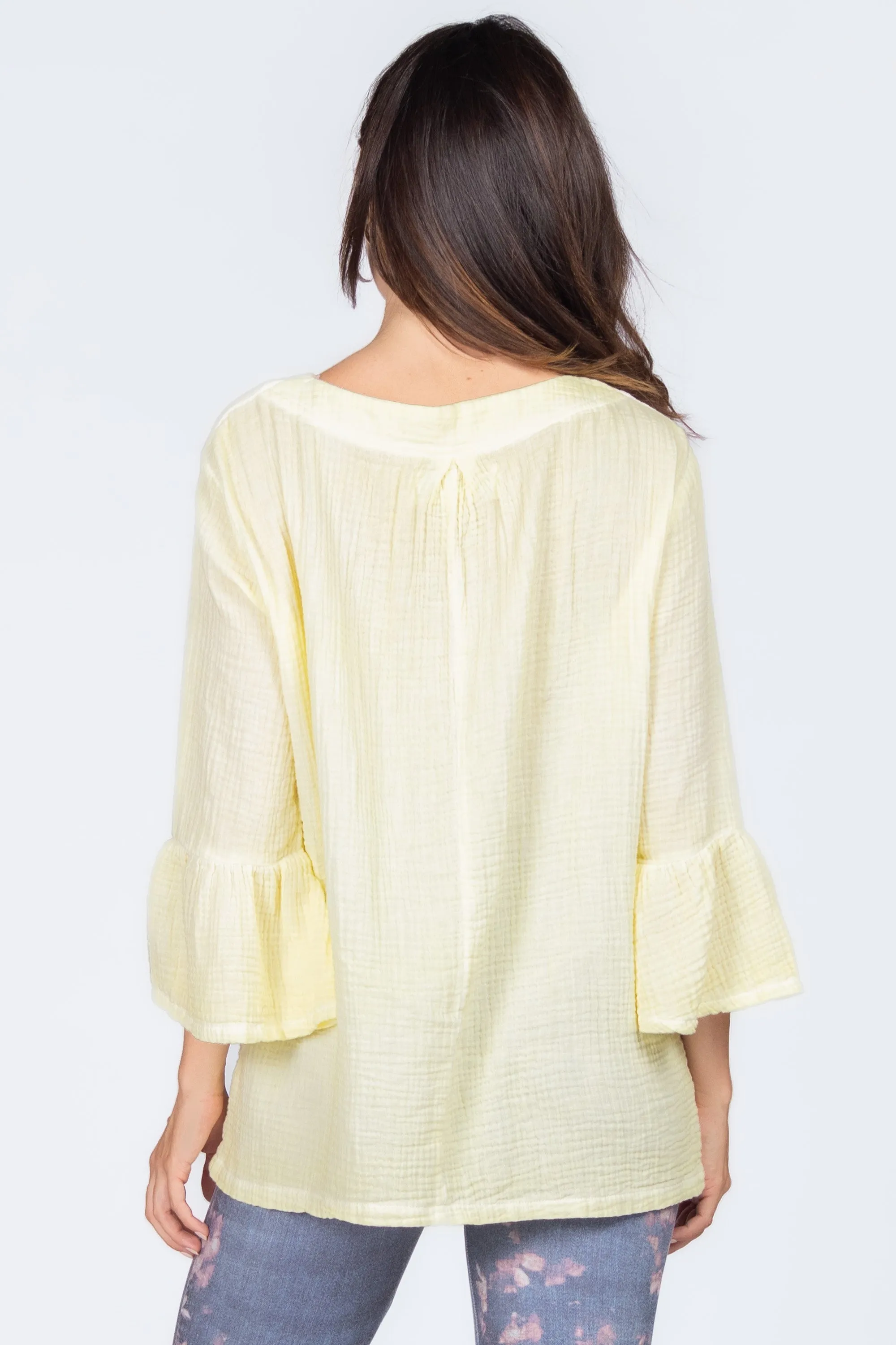 Wide Placket Split Collar Tunic with Flutter Sleeves