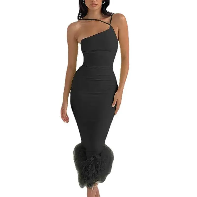 Women’s High Waist One-Shoulder Fur Halter Dress